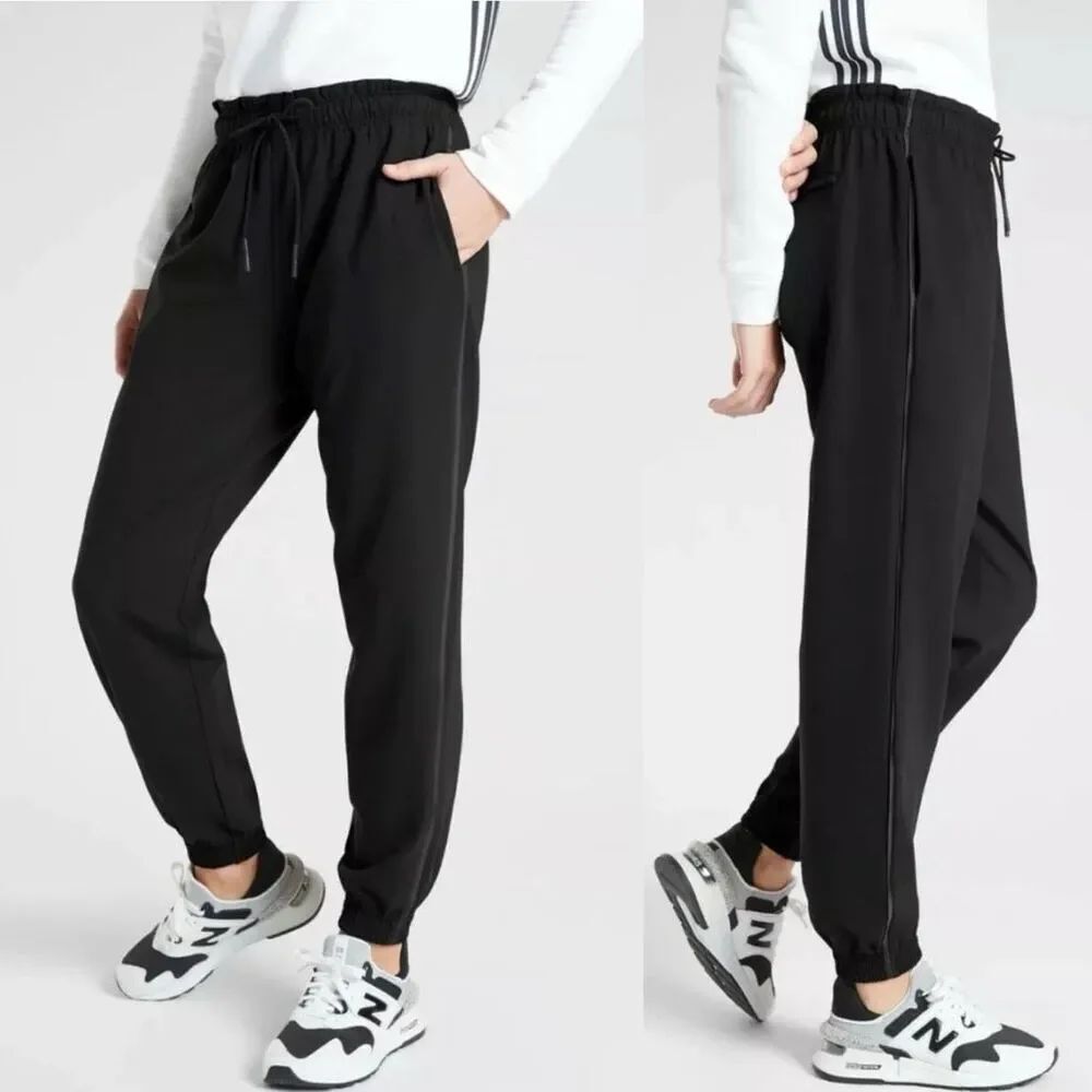 Athleta Metropolis Jogger pants black high rise ruched elastic waist travel 0